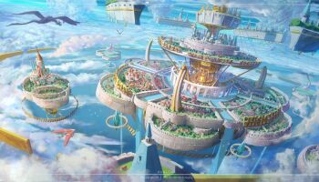 architecture blue_sky building canal castle city cloud cumulonimbus_cloud dragon fantasy floating_city floating_island highres inset_border merlimambrosuis original scenery signature sky tower water waterfall