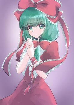 Rule 34 | 1girl, absurdres, bow, closed mouth, commentary, cowboy shot, cross-laced clothes, cross-laced dress, dress, frilled bow, frilled ribbon, frills, front ponytail, green eyes, green hair, hands up, highres, kagiyama hina, kmy0318, long hair, looking at viewer, puffy short sleeves, puffy sleeves, red bow, red dress, red ribbon, ribbon, short sleeves, solo, touhou