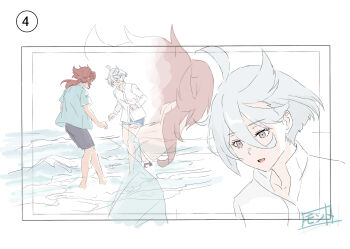 Rule 34 | 2girls, blue shirt, commentary request, grey eyes, grey shorts, gundam, gundam suisei no majo, highres, jewelry, long hair, miorine rembran, monto (user dmde2437), multiple girls, ocean, open mouth, outdoors, ponytail, red hair, ring, shirt, short hair, shorts, smile, splashing, suletta mercury, wading, wedding ring, white hair, white shirt, wife and wife