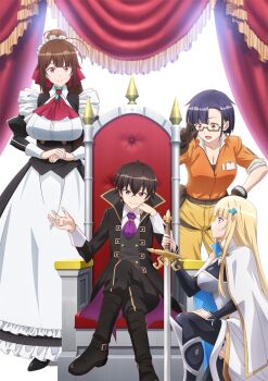 1boy 3girls adjusting_eyewear alternate_costume amagi_(oreaku) anime_coloring apron ascot belt belt_pouch black_dress black_hair black_jacket black_pants blonde_hair blunt_bangs breasts brown_gloves brown_hair bustier christiana_leta_roseblaire cleavage cloak closed_mouth collarbone collared_shirt commentary_request crossed_legs curtains dress dress_shoes enmaided frilled_apron frills full_body glasses gloves hair_ornament hand_on_own_chin high_ponytail highres holding holding_sword holding_weapon jacket jewelry key_visual large_breasts liam_sera_banfield long_hair long_sleeves looking_at_viewer maid maid_apron maid_headdress mary_janes morimae_kazuya multiple_girls nias_carlin official_art on_one_knee open_hand open_mouth orange_shirt ore_wa_seikan_kokka_no_akutoku_ryoushu! pants pink_eyes ponytail pouch promotional_art puffy_sleeves purple_ascot purple_eyes red_ascot red_eyes ribbon shirt shoes short_hair sidelocks sitting sitting_on_throne sleeves_rolled_up smile standing sword tented_shirt thigh_belt thigh_strap thighhighs throne throne_room very_long_hair waist_apron weapon white_apron white_cloak white_shirt yellow_pants