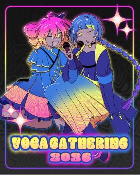 Rule 34 | 2girls, ;d, ;o, ahoge, alternate skin color, black background, black choker, blonde hair, blue dress, blue hair, blue jacket, braid, cevio, chis-a, choker, commentary, dress, drill hair, ear piercing, english commentary, full body, galaxyroyaltea, green hair, hair between eyes, highres, holding, holding microphone, jacket, kasane teto, kasane teto (sv), long hair, microphone, multiple girls, one eye closed, open mouth, outline, piercing, purple hair, red hair, second-party source, smile, synthesizer v, twin drills, utau, yellow eyes