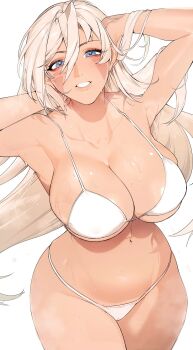 1girl armpits arms_up bikini blue_eyes blush breasts cleavage commentary commission cowboy_shot eyelashes facial_mark from_above grey_hair hair_between_eyes hands_in_own_hair highres large_breasts long_hair looking_at_viewer navel original parted_lips shishamo_712 simple_background skeb_commission smile solo standing steaming_body string_bikini sweat swimsuit tan white_background white_bikini