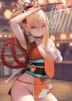 1girl ;) arm_tattoo arm_up armpits bare_shoulders blonde_hair breasts cleavage closed_mouth covering_one_breast covering_privates cowboy_shot fireworks genshin_impact groin holding japanese_clothes kimono lantern large_breasts long_hair looking_at_viewer mezzo_(orbanga21) night no_panties obi one_eye_closed orange_eyes orange_kimono paper_lantern people ponytail public_indecency sash short_sleeves single_sidelock smile solo_focus sparkler tattoo vision_(genshin_impact) yoimiya_(genshin_impact)