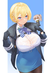Rule 34 | 2girls, absurdres, black gloves, black jacket, black pantyhose, blonde hair, blue background, blue bow, blue bowtie, blue eyes, blue skirt, blush, bow, bowtie, bra, breast envy, breasts, brown hair, chibi, closed mouth, collared shirt, commentary request, fur-trimmed jacket, fur trim, girls&#039; frontline, gloves, hair between eyes, hair ornament, highres, jacket, lord-erica, multiple girls, one side up, open clothes, open jacket, orange eyes, pantyhose, partially shaded face, pencil skirt, scar, scar across eye, shirt, short hair, simple background, skirt, snowflake hair ornament, striped bow, striped bowtie, striped clothes, two-tone background, two-tone bowtie, ump45 (girls&#039; frontline), underwear, vsk-94 (girls&#039; frontline), wet, wet clothes, wet shirt, white background, white bow, white bowtie, white shirt