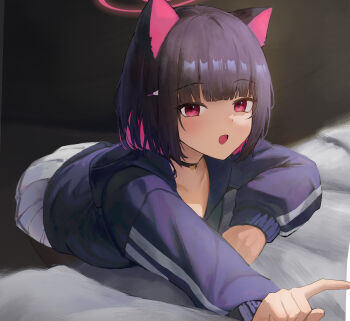 1girl :d animal_ears bent_over black_choker black_hair black_hoodie blue_archive blunt_bangs blush bob_cut cat_ears cat_girl chinese_commentary choker collarbone colored_inner_animal_ears colored_inner_hair commentary_request hair_ornament hairclip halo highres hood hood_down hoodie index_finger_raised indoors kazusa_(blue_archive) laocheng_(axpp4722) looking_at_viewer medium_hair miniskirt multicolored_hair on_bed open_mouth pantyhose pink_hair pink_halo pleated_skirt poking red_eyes sidelighting skirt sleeves_past_wrists smile solo straight_hair two-tone_hair white_skirt