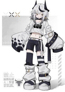 Rule 34 | 1girl, abstract background, absurdres, asymmetrical legwear, averting eyes, bandaid, bandaid on cheek, bandaid on face, bandaid on stomach, black choker, black horns, black shorts, brown eyes, choker, closed mouth, clothes writing, commentary, crop top, crop top overhang, cropped shirt, double-parted bangs, full body, gradient hair, grey hair, grey shirt, hair ornament, highres, hisha (kan moko), horns, long sleeves, midriff, multicolored hair, navel, original, oversized clothes, print shirt, shirt, shoes, shorts, sleeves past fingers, sleeves past wrists, solo, standing, streaked hair, symbol-only commentary, t-shirt, tongue, tongue out, white background, x hair ornament