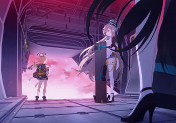 3girls aircraft apron artist_request asuna_(blue_archive) black_dress black_hair black_jacket black_shoes black_skirt blonde_hair blue_archive blue_bow blue_eyes blue_halo bow breasts cleavage detached_collar dress floral_print from_below game_cg grin halo high_heels highres jacket karin_(blue_archive) large_breasts long_hair looking_at_another maid maid_apron maid_headdress multiple_girls neru_(blue_archive) non-web_source official_art red_hair shoes short_hair skirt smile sukajan thighhighs very_long_hair white_sleeves white_thighhighs