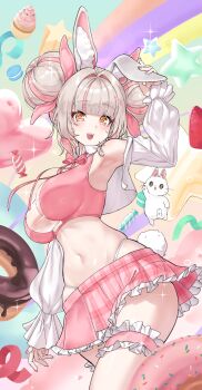 1girl absurdres animal_ears arm_up armpits bare_shoulders breasts brown_hair cleavage commission crop_top cropped_jacket double_bun frilled_thigh_strap hair_bun highleg highres holding_ears jacket kim_boki large_breasts long_hair long_sleeves looking_at_viewer midriff miniskirt multicolored_hair navel off_shoulder open_clothes open_jacket original panty_straps pink_shirt pink_skirt pleated_skirt rabbit_ears see-through_cleavage see-through_clothes shirt skindentation skirt sleeveless sleeveless_shirt solo stomach thigh_strap thighs two-tone_hair white_jacket