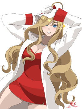1girl ahoge anshinzawa_sasami arms_up blonde_hair blue_eyes breasts cleavage coat collarbone commentary_request cowboy_shot dress gloves highres holding holding_needle jewelry kumabachi315 long_hair looking_at_viewer medium_breasts necklace needle open_mouth pearl_necklace red_dress signature simple_background solo sparkle umamusume wavy_hair white_background white_coat white_gloves