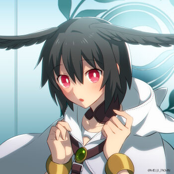 1girl black_hair blush collarbone commentary_request dress fate/grand_order fate_(series) head_wings looking_at_viewer meiji_ken open_mouth ortlinde_(fate) red_eyes solo twitter_username upper_body valkyrie_(fate) white_dress wings