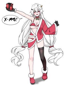 1girl absurdres bikeibikei bikini black_gloves black_thighhighs box breasts christmas_present gift gift_box gloves highres holding holding_gift honkai_(series) honkai_impact_3rd large_breasts long_hair looking_at_viewer luna_(honkai_impact) mask mask_on_head open_mouth red_shoes santa_bikini santa_coat santa_costume shoes simple_background single_thighhigh smile solo speech_bubble swimsuit thighhighs very_long_hair white_background white_hair