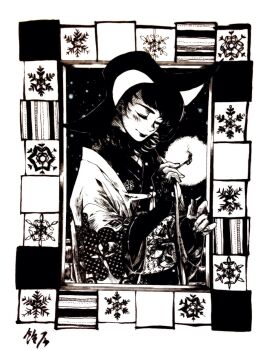 1girl ameishi ballpoint_pen_(medium) blush border christmas closed_eyes closed_mouth commentary_request fingerless_gloves fire gloves greyscale haori hat highres holding_matchbox holding_matchstick inset_border japanese_clothes kimono lipstick long_sleeves makeup matchbox matches monochrome obi original pen_(medium) sash short_hair smile solo traditional_media