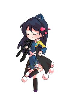 1girl black_socks blue_dress blue_hair blue_shoes blush chibi chibi_only closed_eyes coat commentary_request dairi dress frilled_dress frills full_body gem geta hat holding holding_tripod iizunamaru_megumu kneehighs large_variant_set long_hair pointy_ears pom_pom_(clothes) purple_shoes ribbon_trim shoes shoulder_guard simple_background sleeveless sleeveless_coat smile socks solo standing standing_on_one_leg tachi-e tengu tengu-geta tokin_hat touhou transparent_background tripod variant_set