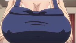 Rule 34 | 1boy, 1girl, animated, apron, breasts, chopping, cleavage, fujiwara mitsue, highres, huge breasts, ikusei, indoors, sound, tagme, video