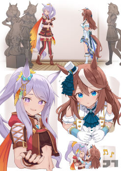 Rule 34 | 6+girls, absurdres, ahoge, animal ears, ascot, blue ascot, blue eyes, blush, boots, braid, breasts, brown boots, brown gloves, brown hair, brown tail, closed eyes, collarbone, cropped jacket, dancing, dot nose, ear ornament, feathers, fingerless gloves, flat chest, frilled ascot, frills, full body, gloves, green feathers, hat, highres, hoodie, horse ears, horse girl, indoors, jewelry, jtleeklm, kitasan black (umamusume), kneehighs, lace-up boots, long hair, looking at viewer, medium hair, medium skirt, mejiro mcqueen (end of the skies) (umamusume), mejiro mcqueen (umamusume), mejiro mcqueen (umamusume) (cosplay), midriff, mini hat, miniskirt, multicolored hair, multiple girls, navel, necklace, nice nature (umamusume), no bra, open mouth, orange feathers, orange scarf, overskirt, pleated skirt, ponytail, purple eyes, purple hair, purple tail, red hoodie, red skirt, red socks, red thighhighs, rice shower (umamusume), satono diamond (umamusume), scarf, school uniform, serafuku, sexually suggestive, short sleeves, shorts, sitting, skirt, small breasts, smile, socks, stomach, streaked hair, thighhighs, tokai teio (beyond the horizon) (umamusume), tokai teio (umamusume), tokai teio (umamusume) (cosplay), tracen school uniform, twintails, two-tone hair, umamusume, white boots, white gloves, white hat, white shorts, white skirt, white streaks, yuri, zettai ryouiki