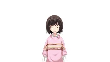 1girl bob_cut brown_hair chaos;child child closed_eyes collared_shirt facing_viewer game_cg highres matsuo_yukihiro non-web_source official_art open_mouth pink_sweater science_adventure shirt short_hair smile solo sprite sweater swept_bangs tachibana_yui transparent_background white_shirt