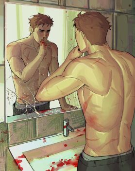 1boy absurdres altades_art artist_name bathroom black_pants blood blood_from_mouth blood_on_hands broken_mirror brown_eyes brown_hair commentary dispatch english_commentary from_behind highres indoors injury looking_at_mirror male_focus mirror muscular muscular_male nosebleed pants reflection robert_robertson scar scar_on_back scar_on_chest solo