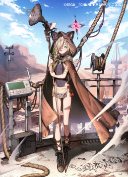 1girl blonde_hair boots braid breasts brown_cloak check_copyright chunithm cloak commentary_request copyright_request covered_navel green_eyes green_hair hair_over_one_eye highres holding holding_staff hood hood_up hooded_cloak looking_at_viewer multicolored_hair official_art side_braid small_breasts solo staff standing two-tone_hair zenmaibook