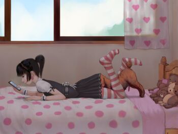 1boy 1girl anilingus bed bedroom bestiality cellphone censored clothes_lift cunnilingus dog henti hetero highres loli lying on_stomach oral penis phone ponytail poodle short_ponytail skirt skirt_lift striped_clothes striped_thighhighs stuffed_animal stuffed_toy thighhighs