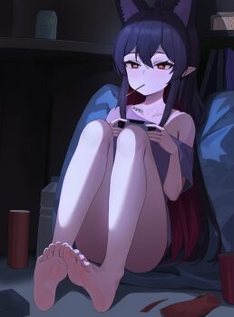 1girl absurdres animal_ears barefoot black_hair controller feet food food_in_mouth game_controller highres long_hair original pharamacom pocky pocky_in_mouth podo_(hrodvitnir) pointy_ears ponytail red_eyes soles toes