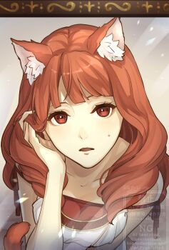 1girl ak_87_kt animal_ear_fluff animal_ears bare_shoulders breasts celica_(fire_emblem) collarbone dress fire_emblem fire_emblem_echoes:_shadows_of_valentia highres long_hair looking_at_viewer medium_breasts nintendo off-shoulder_dress off_shoulder open_mouth red_eyes red_hair solo sweatdrop upper_body white_dress