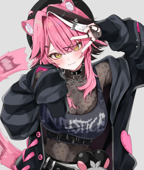 Rule 34 | 1girl, :3, absurdres, animal ear fluff, animal ears, belt, beret, black belt, black hat, black jacket, black streaks, black tank top, breasts, commentary, crop top, extra ears, fangs, goth fashion, grey background, hair between eyes, hair intakes, hands up, hat, highres, hololive, hololive english, jacket, jewelry, large breasts, looking at viewer, mogu (au1127), multiple rings, official alternate costume, official alternate hairstyle, panther ears, panther girl, panther tail, pink hair, raora panthera, ring, see-through cleavage, see-through clothes, short hair with long locks, sidelocks, simple background, single sleeve past fingers, single sleeve past wrist, skin fangs, skin tight, solo, symbol-only commentary, tail, tank top, upper body, v, virtual youtuber, white streaks, yellow eyes