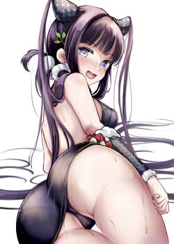 1girl absurdres ass bare_shoulders black_dress black_panties blue_eyes blush breasts china_dress chinese_clothes commentary_request detached_sleeves dress fate/grand_order fate_(series) hair_ornament highres leaf_hair_ornament long_hair looking_at_viewer looking_back medium_breasts okanda open_mouth panties purple_hair revision sidelocks smile solo sweat thighs twintails underwear very_long_hair yang_guifei_(fate) yang_guifei_(second_ascension)_(fate)