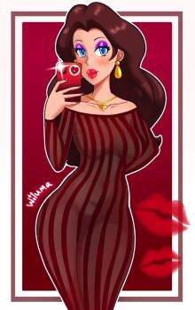 1girl blue_eyes blush breasts brown_hair dress earrings heart jewelry large_breasts lips lipstick_mark long_hair mario_(series) mirror_selfie necklace nintendo pauline_(mario) selfie tight_clothes wide_hips wiluma