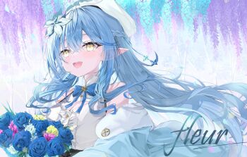 1girl :d bare_shoulders beret blue_bow blue_bowtie blue_coat blue_flower blue_hair blue_rose bouquet bow bowtie braid breasts center_frills cleavage coat elf flower frills fur-trimmed_coat fur_trim hair_between_eyes hair_flower hair_ornament half_up_braid half_updo hat highres holding holding_bouquet hololive long_hair nakatako1225 off-shoulder_coat off_shoulder open_mouth outdoors pointy_ears rose shirt sidelocks sleeveless sleeveless_shirt smile solo upper_body virtual_youtuber white_shirt wisteria yellow_eyes yukihana_lamy yukihana_lamy_(1st_costume)