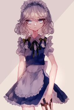 1girl apron black_ribbon blue_dress blue_eyes bow braid closed_mouth collared_shirt commentary_request cowboy_shot dress green_bow grey_background hair_bow holster izayoi_sakuya knife looking_at_viewer maid maid_headdress medium_hair neck_ribbon one-hour_drawing_challenge pinafore_dress puffy_short_sleeves puffy_sleeves ribbon shinjitsu_no_kuchi shirt short_sleeves sleeveless sleeveless_dress solo thigh_holster touhou twin_braids waist_apron white_apron white_shirt