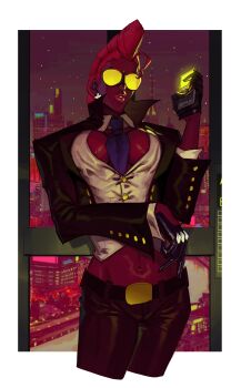 Rule 34 | 1girl, a tai, absurdres, belt, belt buckle, between breasts, black belt, black gloves, black jacket, black pants, blue necktie, border, breasts, buckle, collared shirt, cowboy shot, crimson viper, cropped legs, cross, cross earrings, dark-skinned female, dark skin, earrings, gloves, highres, holding, holding phone, jacket, jewelry, large breasts, midriff, navel, necktie, necktie between breasts, pants, parted lips, phone, pink lips, pompadour, popped collar, red hair, shirt, solo, street fighter, street fighter iv (series), sunglasses, white border, white shirt