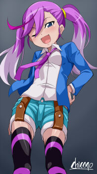 1girl blue_eyes chicago-x denim denim_shorts digimon digimon_universe:_appli_monsters gradient_background hand_on_own_hip highres karan_eri one_eye_closed pink_hair shorts simple_background solo thighhighs twintails wide_hips wink