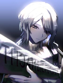 1girl blue_eyes closed_mouth faust_(project_moon) grey_sweater holding holding_sword holding_weapon limbus_company long_sleeves looking_at_viewer m_ttl project_moon ribbed_sweater short_hair solo sweater sword upper_body weapon white_hair zweihander