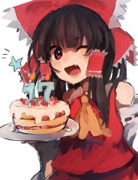 1girl ;d ascot bare_shoulders black_eyes black_hair bow cake commentary_request detached_sleeves food frilled_hair_tubes frills hair_between_eyes hair_bow hair_tubes hakurei_reimu holding holding_cake holding_food looking_at_viewer nontraditional_miko number_candle one_eye_closed open_mouth red_bow red_skirt ribbon-trimmed_sleeves ribbon_trim sharp_teeth shirt skirt sleeveless sleeveless_shirt smile solo strawberry_cake teeth touhou tyatya_(tyatya333) upper_body white_background yellow_ascot