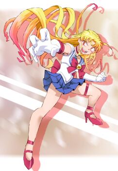 1girl alternate_eye_color alternate_hairstyle bishoujo_senshi_sailor_moon blonde_hair blue_skirt bow brooch brown_background choker claw_pose collarbone fang fighting_stance gloves gradient_hair high_heels jewelry leotard long_hair looking_at_viewer magical_girl multicolored_hair onnaski open_mouth pink_hair red_bow red_eyes red_shoes sailor_moon sailor_senshi_uniform shoes skirt smile standing teeth thigh_strap tiara transformation_brooch_(sailor_moon) tsukino_usagi two-tone_hair waist_bow white_gloves white_leotard