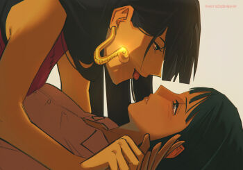 2girls absurdres artist_name black_hair boa_hancock brown_background commentary earrings english_commentary eye_contact highres holding_hands jewelry long_hair looking_at_another multiple_girls nico_robin one_piece parted_lips shabexzart shirt snake_earrings tongue tongue_out white_shirt yuri