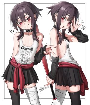 1girl ? alternate_costume arm_warmers artist_name asymmetrical_legwear bandaged_leg bandages bare_shoulders baseball_bat belt_collar black_nails black_skirt black_thighhighs blush breasts brown_hair choker closed_mouth collar commentary cowboy_shot ear_piercing english_commentary from_side head_tilt heart highres holding holding_baseball_bat kono_subarashii_sekai_ni_shukufuku_wo! loli looking_at_viewer looking_to_the_side medium_hair megumin miniskirt mismatched_legwear multiple_views no_bra open_mouth piercing red_eyes sideboob sidelocks simple_background single_thighhigh skirt small_breasts smile spoken_question_mark tank_top thighhighs turning_head waligner white_background white_tank_top zettai_ryouiki