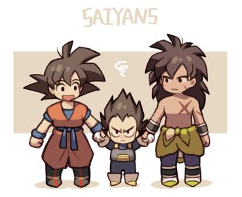 3boys :< :3 :d absurdres ankle_boots armor arms_at_sides beige_background black_eyes black_hair blue_bodysuit blue_footwear blue_sash blush_stickers bodysuit boots border broly_(dragon_ball_super) chibi dark-skinned_male dark_skin dougi dragon_ball dragon_ball_super dragon_ball_super_broly dragonball_z facial_scar frown full_body gloves height_difference highres holding_hands lineup long_hair male_focus minor_(minor2730) multiple_boys no_nose obi open_mouth purple_legwear saiyan_armor sash scar scar_on_arm scar_on_cheek scar_on_chest scar_on_face shadow smile son_goku spiked_hair square squiggle standing text_focus topless_male two-tone_background v-shaped_eyebrows vegeta white_border white_footwear white_gloves wide-eyed wristband