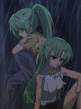 2girls absurdres dark green_eyes green_hair hair_ornament half_updo highres higurashi_no_naku_koro_ni jewelry long_hair meakashi-hen multiple_girls necklace ponytail rain ribbon sazae_sanze siblings sisters sleeveless sonozaki_mion sonozaki_shion twins wet