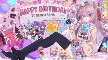 +_+ 1boy 6+girls akuma_nihmune animal animal_balloon animal_ear_fluff animal_ears annytf aqua_bow aqua_bowtie artist_name badge bag balloon bao_the_whale bell birthday_cake black_hair black_ribbon black_socks black_thighhighs blonde_hair blue_eyes blue_hair blue_sailor_collar blue_skirt blush bow bowl bowtie box brown_footwear brown_hair bunting button_badge cake cake_slice camila_(vtuber) candle cardigan cat_ears cerber_(vtuber) closed_mouth confetti cooking_pot dated demon_horns demon_tail dog dog_ears dress dripping_eye duffel_bag eating ellie_minibot english_text everyone evil_neuro-sama filian_(vtuber) food fork frog_hat from_side fruit full_body gift gift_box green_dress green_eyes green_hair hair_between_eyes hair_ornament hair_ribbon hairband handbag happy_birthday hat heart heart-shaped_box heart_hair_ornament highres holding holding_bowl holding_cooking_pot holding_fork holding_gift holding_plate holding_polearm holding_weapon horns indie_virtual_youtuber jingle_bell kneehighs koko_d._nuts lava_lamp layna_lazar loafers long_hair long_sleeves looking_at_viewer minawan minikomew multicolored_hair multiple_girls neckerchief neuro-sama neuro-sama_(dog) non-humanoid_robot onigiri_(vtuber) party party_hat pennant photo_(object) pink_eyes pink_hair pink_hairband pinkpink939 plate polearm progress_bar purple_eyes purple_hair red_bag red_eyes red_hair red_neckerchief red_ribbon ribbon robot robot_animal robot_dog sailor_collar school_uniform shirt shoes short_hair short_sleeves single_kneehigh single_sock single_thighhigh sitting skirt slice_of_toma snuffy_(vtuber) socks split-color_hair standing strawberry streaked_hair streamers string_of_flags stuffed_animal stuffed_toy swept_bangs tail thighhighs trident turtle twitter_username two_side_up vedal987 virtual_youtuber weapon white_dress white_hair white_shirt yellow_cardigan yellow_eyes