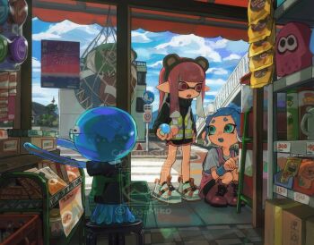 2girls animal_ear_hairband animal_ears bear_ears black_jacket black_shorts blue_eyes blue_hair blue_tongue boots brown_hairband colored_tongue commentary commission dolphin_shorts fake_animal_ears fang full_body hairband hand_on_own_hip high-visibility_clothing high-visibility_vest highres inkling inkling_girl inkling_player_character jacket jellyfish_(splatoon) jersey lace-up_boots long_hair looking_at_another miko_(15476997) multiple_girls nintendo octoling octoling_girl octoling_player_character open_mouth parted_bangs pink_boots pink_eyes pink_hair pointy_ears shirt shoes shop short_hair shorts splatoon_(series) splatoon_3 squatting standing symbol-only_commentary t-shirt tentacle_hair watermark white_shirt white_shoes wristband