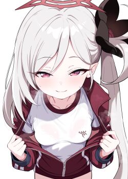 1gen_sinkun 1girl alternate_costume black_flower blue_archive blush bra bra_visible_through_clothes breasts breasts_apart breath closed_mouth collarbone commentary_request flower gehenna_academy_logo grey_hair gym_shirt gym_uniform hair_behind_ear hair_between_eyes hair_flower hair_ornament halo hands_up highres jacket long_hair long_sleeves looking_at_viewer mutsuki_(blue_archive) open_clothes open_jacket opened_by_self partially_unzipped pointy_ears red_eyes red_halo red_jacket see-through_clothes see-through_shirt shirt short_sleeves side_ponytail sidelocks simple_background slit_pupils small_breasts smile solo split_mouth straight-on sweat tsurime underwear upper_body very_long_hair wet wet_clothes wet_shirt white_background white_bra white_shirt