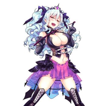 1girl black_boots black_gloves blue_hair boots bow breasts cleavage commentary_request dominatrix elbow_gloves giuniu gloves hair_bow holding holding_whip large_breasts long_hair midriff open_mouth purple_bow purple_skirt queen_mary_(uchihime) see-through_clothes see-through_skirt silver_tiara skirt thigh_boots uchi_no_hime-sama_ga_ichiban_kawaii wavy_hair whip yellow_eyes