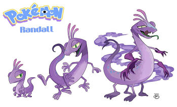 1boy colored_skin extra_legs green_eyes lizard_tail male_focus monster monsters_inc. nintendo parody personification pokemon pokemon_(creature) purple_skin randall_boggs reptile_boy sharp_teeth slit_pupils smile tail teeth yokotn