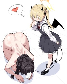 2girls absurdres age_difference apologizing backboob black_hair black_horns black_tail black_wings blonde_hair blue_archive blush braid breasts completely_nude demon_girl demon_horns demon_tail demon_wings dogeza doodle_sensei_(blue_archive) dress female_sensei_(blue_archive) femdom hair_ribbon halo heart highres holding holding_leash horns huge_breasts ibuki_(blue_archive) leash loafers loli looking_down low_wings medium_hair mesugaki multiple_girls naked_dogeza naughty_face nude onee-loli paper_on_head pet_play ribbon school_uniform sensei_(blue_archive) shoes single_braid small_breasts smile socks spoken_heart submission tail trembling twintails white_socks wings xipa yellow_eyes yellow_halo yuri