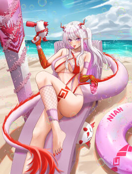 1girl :p absurdres alternate_costume arknights beach breasts character_name cloud collarbone colored_extremities colored_inner_hair cup day dragon_bubble_(arknights) dragon_girl dragon_horns dragon_tail drink drinking_glass drinking_straw earrings eyes_visible_through_hair feet fingernails flower foot_out_of_frame head_wreath highres holding holding_drink horizon horns ice ice_cube innertube jewelry knee_up large_breasts long_hair looking_at_viewer multicolored_hair nail_polish nian_(arknights) ocean outdoors pink_eyes pink_flower pink_hair pink_slingshot_swimsuit pointy_ears red_hair red_nails red_slingshot_swimsuit slingshot_swimsuit smile soap_bubbles solo sparkle swim_ring swimsuit tail toenail_polish toenails toes tongue tongue_out vailtred variant_set water white_hair