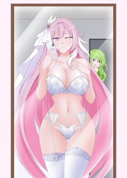 2girls ;) absurdres bare_shoulders bra breasts bridal_veil cleavage collarbone diamond-shaped_pupils diamond_(shape) elysia_(honkai_impact) garter_belt garter_straps green_hair highres holding holding_phone honkai_(series) honkai_impact_3rd indoors jeniwasama large_breasts lingerie long_hair mirror mobius_(honkai_impact) multicolored_hair multiple_girls navel one_eye_closed panties phone pink_hair purple_eyes reflection reflective_liquid selfie smile stomach symbol-shaped_pupils thighhighs thighs two-tone_hair underwear veil very_long_hair white_bra white_garter_belt white_garter_straps white_hair white_panties white_thighhighs white_veil