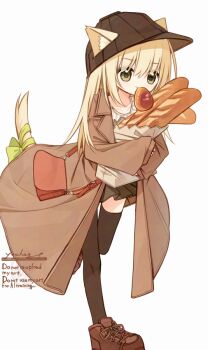 Rule 34 | 1girl, animal ears, baguette, black hat, black skirt, black thighhighs, blonde hair, bread, brown coat, brown shoes, cat ears, cat girl, cat tail, coat, commentary request, ears through headwear, food, full body, hat, holding, long hair, long sleeves, miniskirt, original, shoes, simple background, skirt, solo, tail, thighhighs, waka (yuuhagi (amaretto-no-natsu)), white background, yuuhagi (amaretto-no-natsu)