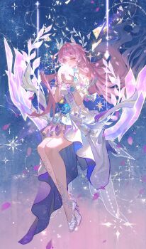 1girl absurdres armlet bare_legs bare_shoulders breasts chinese_commentary closed_mouth commentary_request cyrene_(honkai:_star_rail) cyrene_(ripples_of_past_reverie)_(honkai:_star_rail) dress earrings full_body hair_intakes hair_ornament high_heels highres holding_orb honkai:_star_rail honkai_(series) jewelry large_breasts legs long_hair nail_polish on_swing pink_eyes pink_hair pink_nails pointy_ears ruanxiao shoes sidelocks solo swing very_long_hair white_dress white_shoes