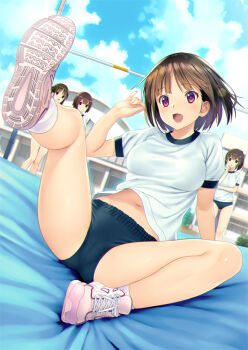 4girls blue_buruma blush brown_hair buruma cameltoe gym_shirt gym_uniform jumping koutaro leg_up multiple_girls navel open_mouth original outdoors pole ponytail red_eyes shirt shoes short_hair short_sleeves sitting smile sneakers socks white_shirt white_socks